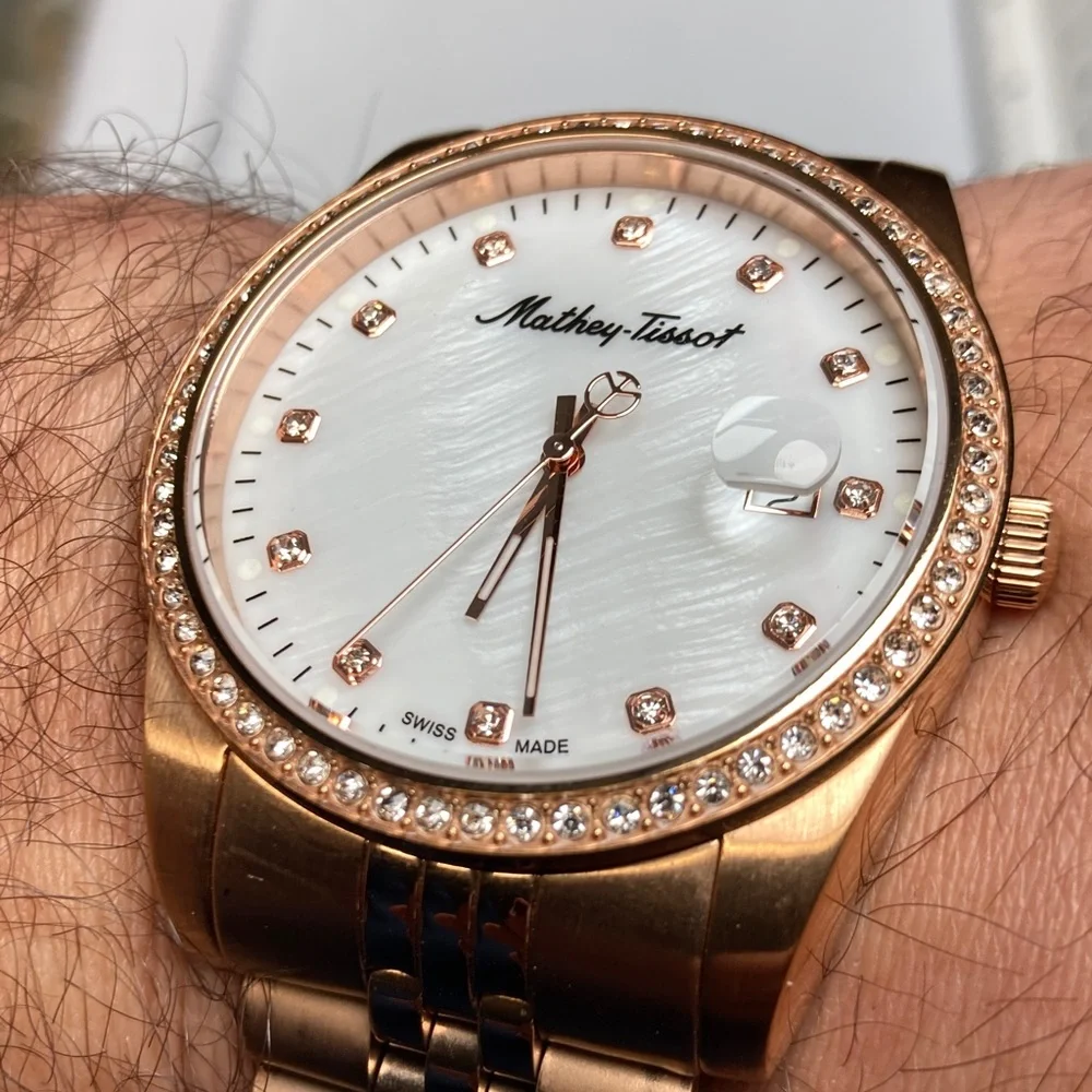 Mathey Tissot H709 rose gold tone, white textured dial, new battery, stainless